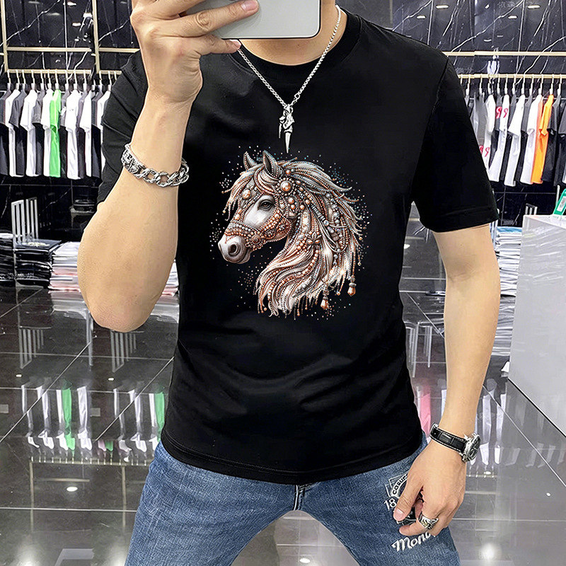 Summer New Fashion With Rhinestone Embellishments, Stylish And Versatile, Skin-Friendly, Breathable, Round Neck, Short Sleeve, Trendy Men's T-Shi - view 4