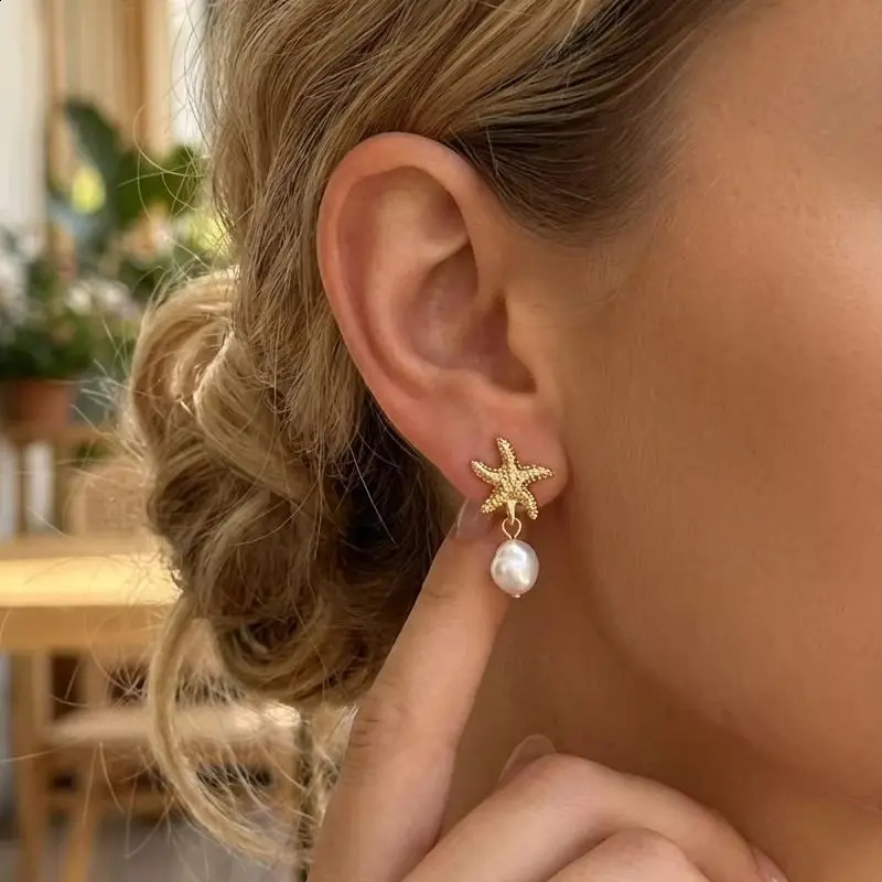 Dainty Starfish Pearl Gold Color Earrings for Women Mermaidcore Aesthetic Starfish Drop Dangle Summer Vacation Jewelry 260626