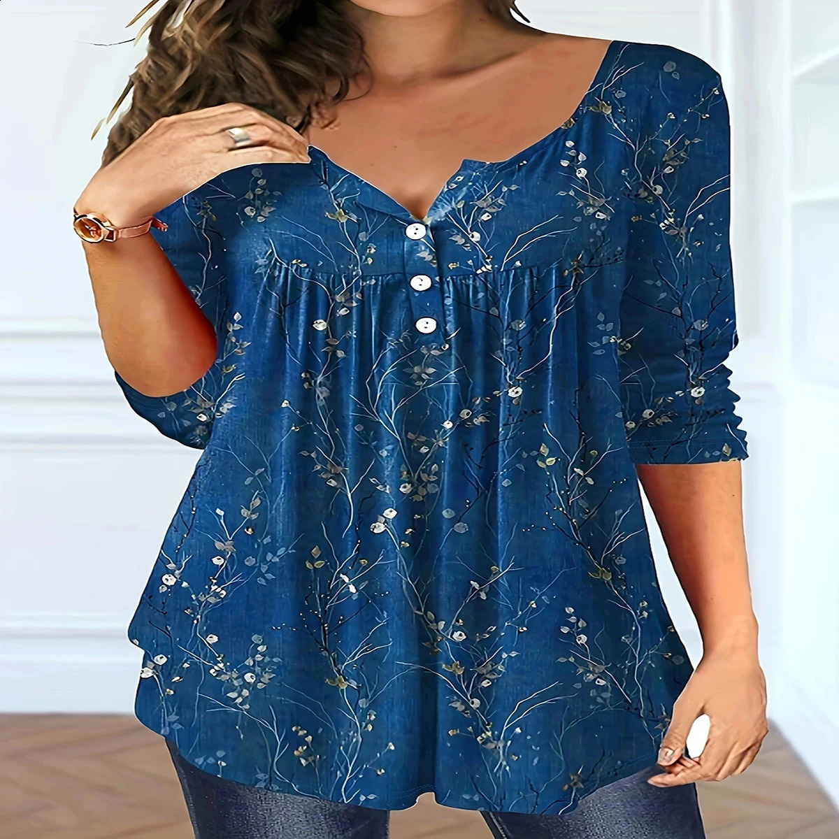 Plus Size Womens Spring and Autumn Long Sleeve Random Plant Print Button T-Shirt 260626