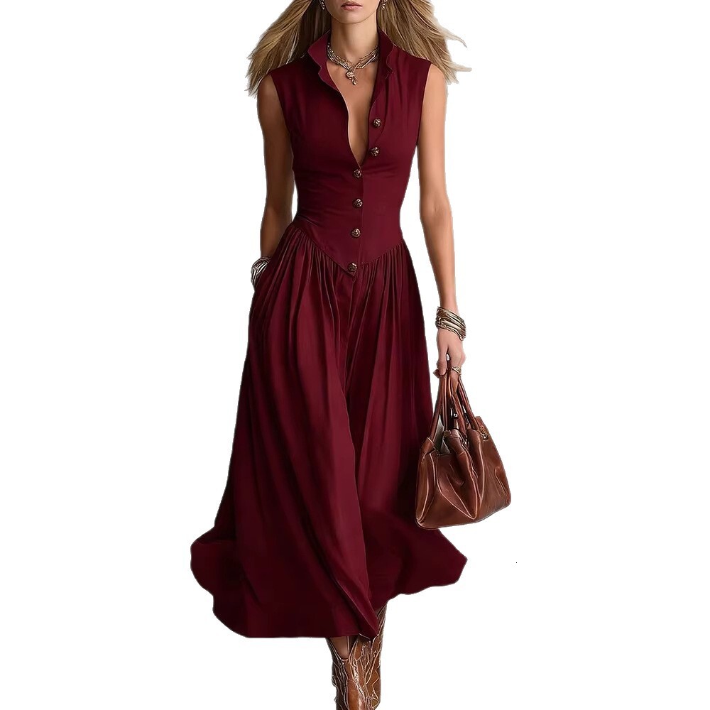 Spring and summer new French-style elegant goddess look slim-fit long sleeveless dress with a turn-down collar for women - view 6