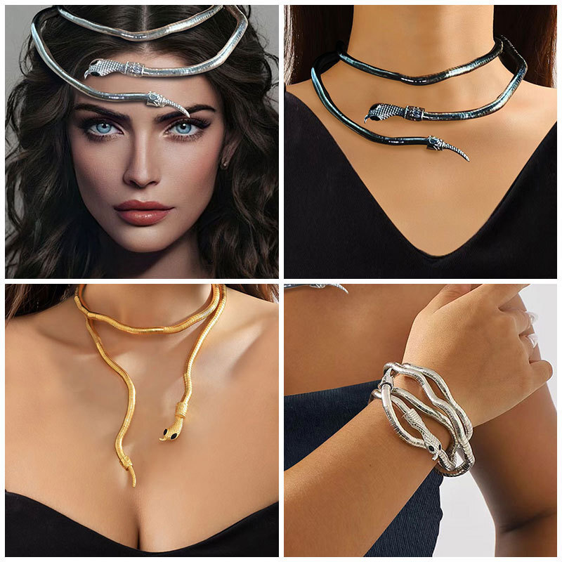Multi Wear Adjustable Snake Shaped Jewelry Gold Silver Plated Gothic Punk Women Choker Bracelet Headband - view 3