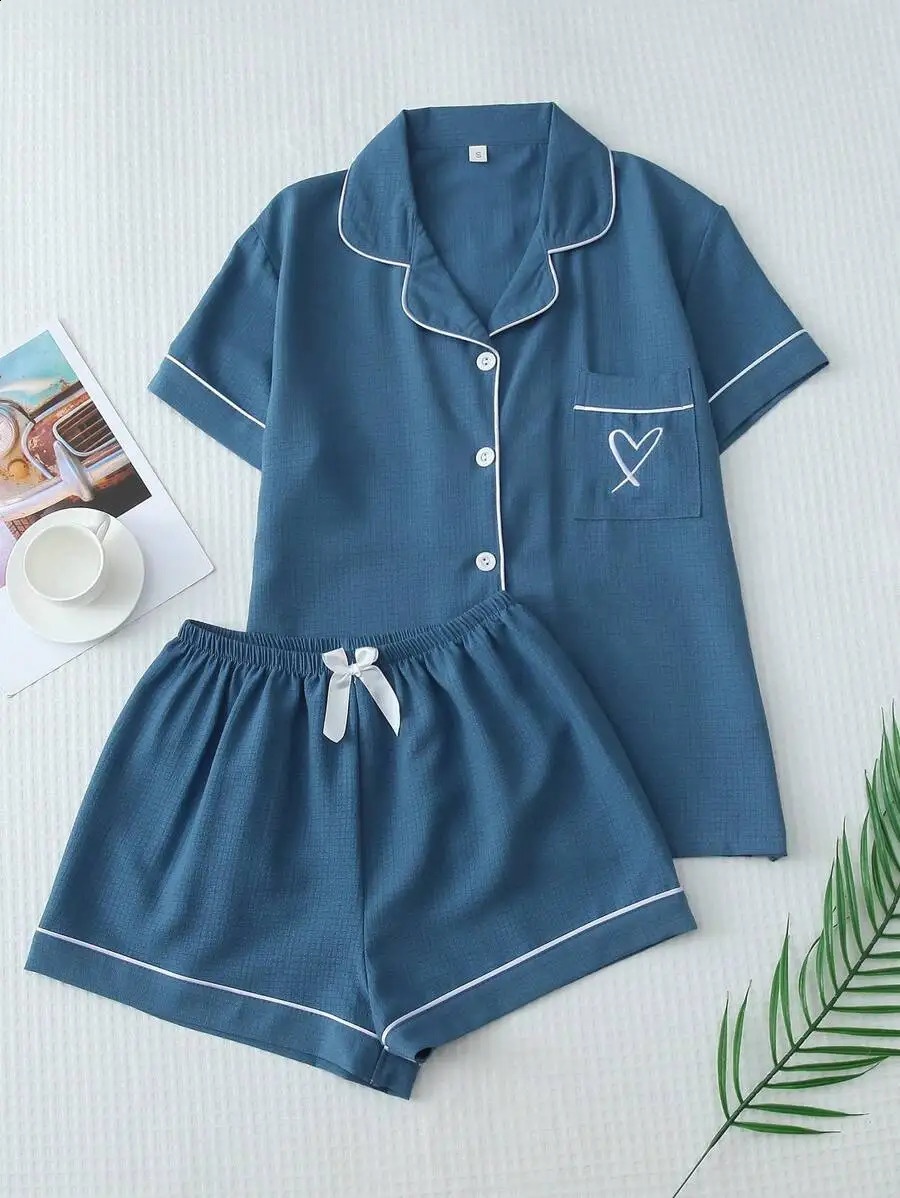2pc Solid Color Summer Contrast Trim Collar Heart Embroidery Short Sleeve Pajama Set With Bowknot Shorts 260625 - view 7