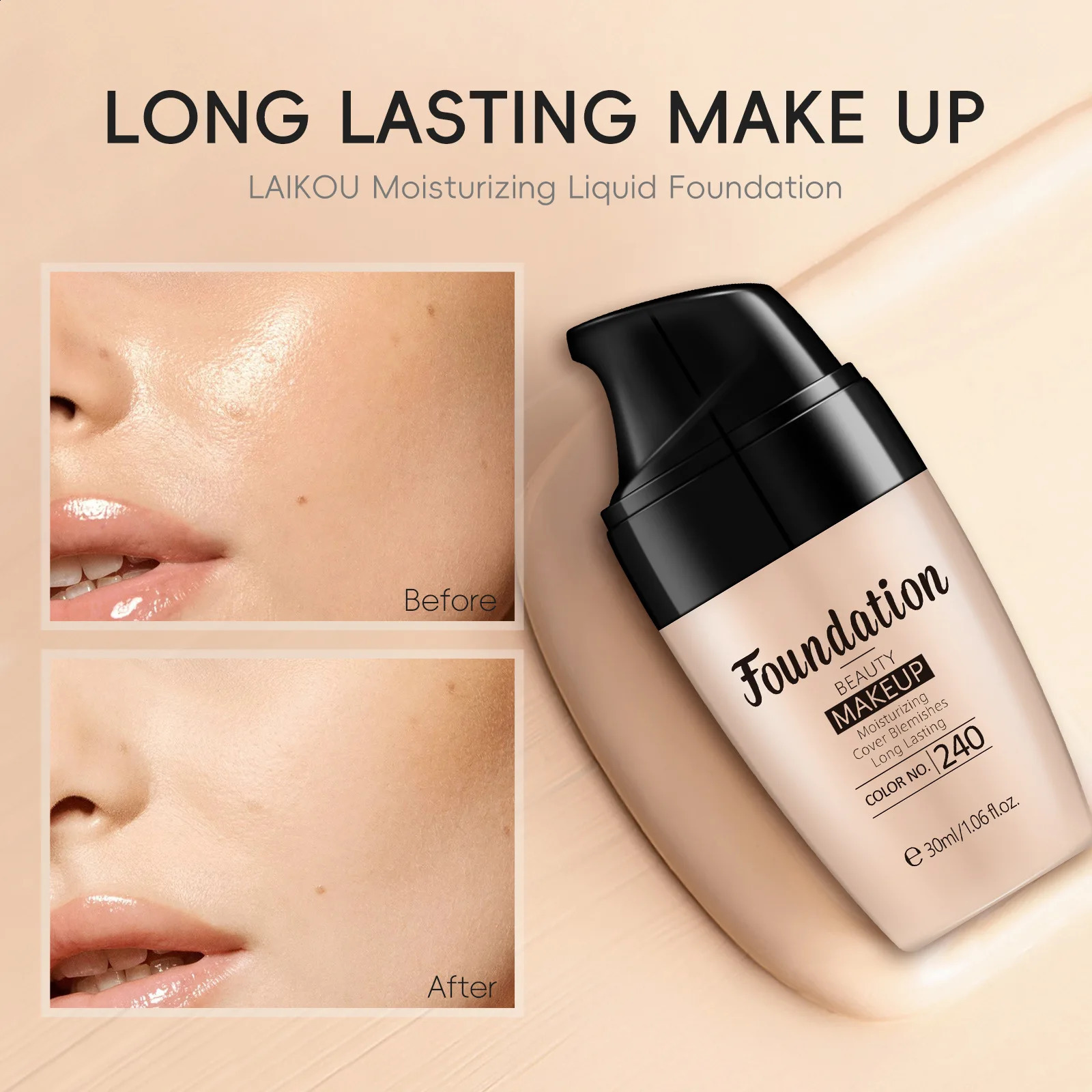 LAIKOU Liquid Foundation Multiple Shades Hydrating Natural Finish Creamy Full Coverage Makeup Base Long Lasting Wear 30ml 260625 - view 5