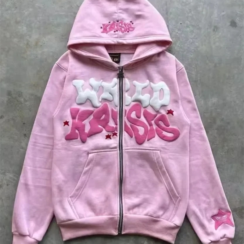 Mens Retro American Letter Zipper Printed Hooded Sweatshirt Unisex Autumn and Winter Open Cardigan y260611