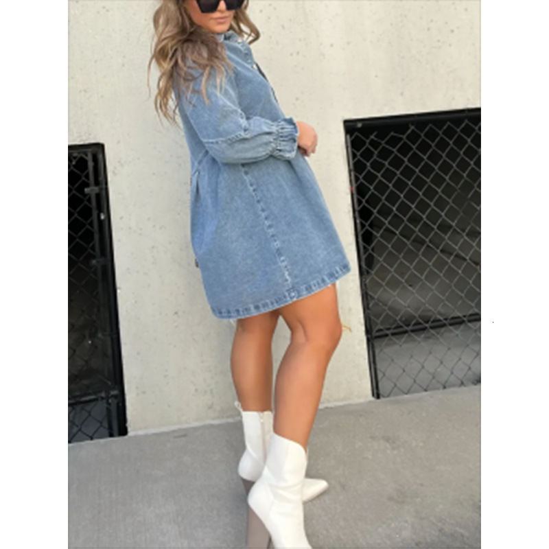 2023 New Hot-Selling Washed Shirt Denim Skirt Lantern Sleeve Loose Dress for Women - view 4
