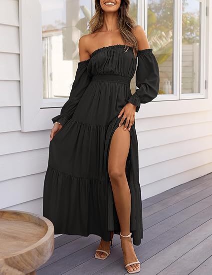 2025 Bohemian Sexy Off-Shoulder Long-Sleeve Ruched High-Waisted Side-Slit Flowing A-Line Layered Maxi Dress - view 8