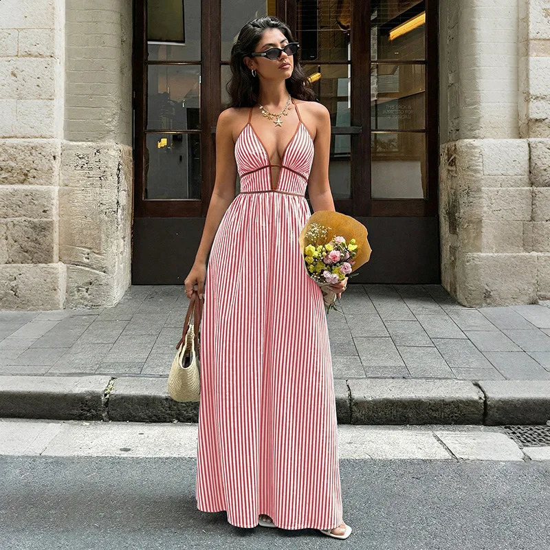 Womens Striped Halter Maxi Dress Deep V Cutout Smocked Back Long Summer Vacation 2026 260625 - view 6