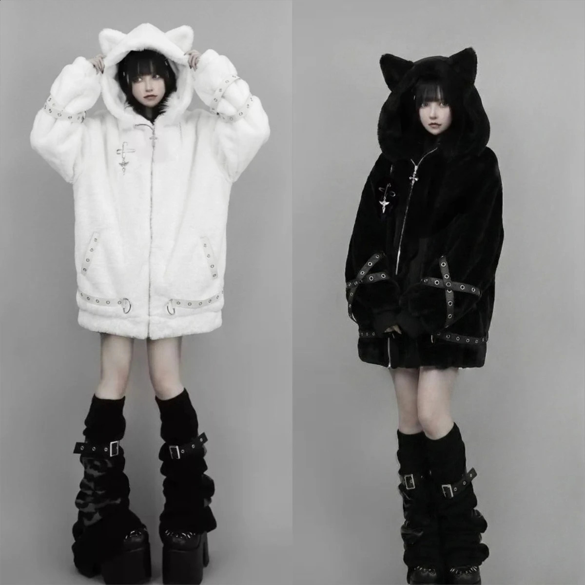 Vintage Punk Style Hoodie Long Sleeve Faux Fur Women Casual Zipper Hooded Gothic Y2K Subculture Harajuku Sweatshirts Autumn 260626