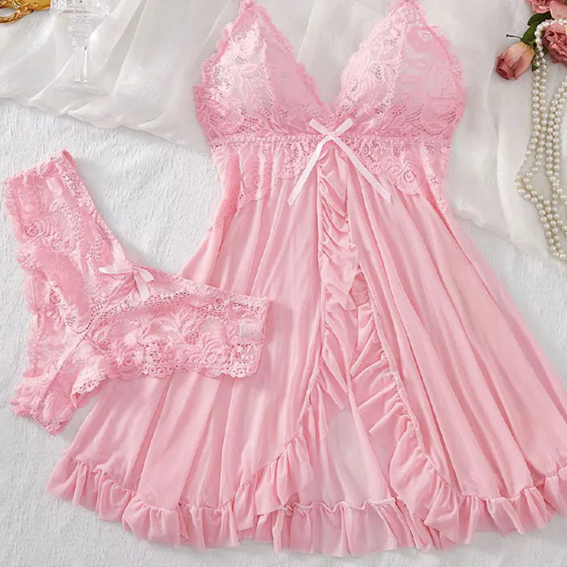 Suspender Suit Summer Ultrathin Nightgown Lace Thong Sets Sexy Pyjamas Lingerie Night Dress Comfortable Sleepwear 260625