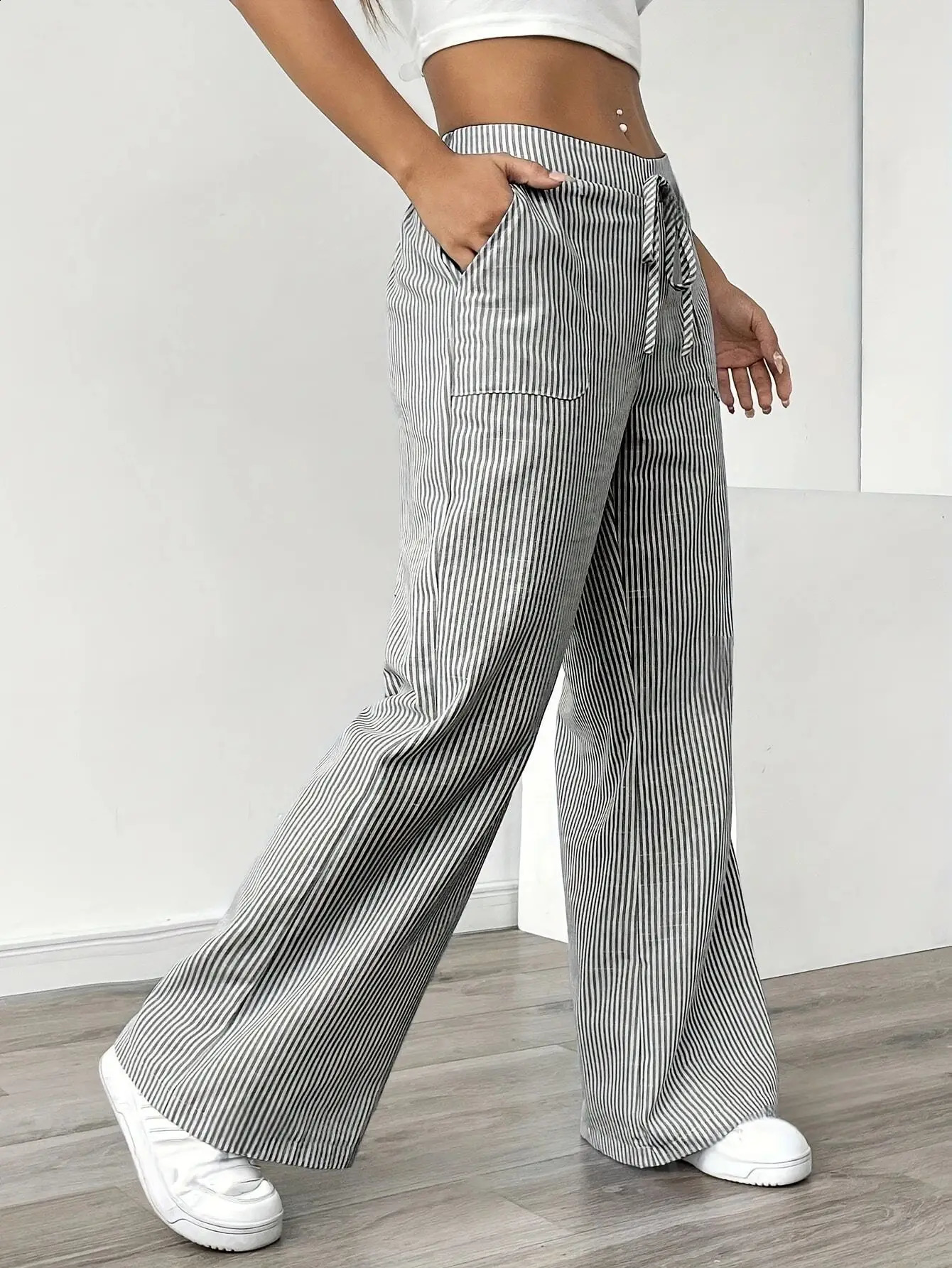 Summer striped drawstring wide leg pants for women high waisted loose fit slimming casual straight hanging 260625 - view 4