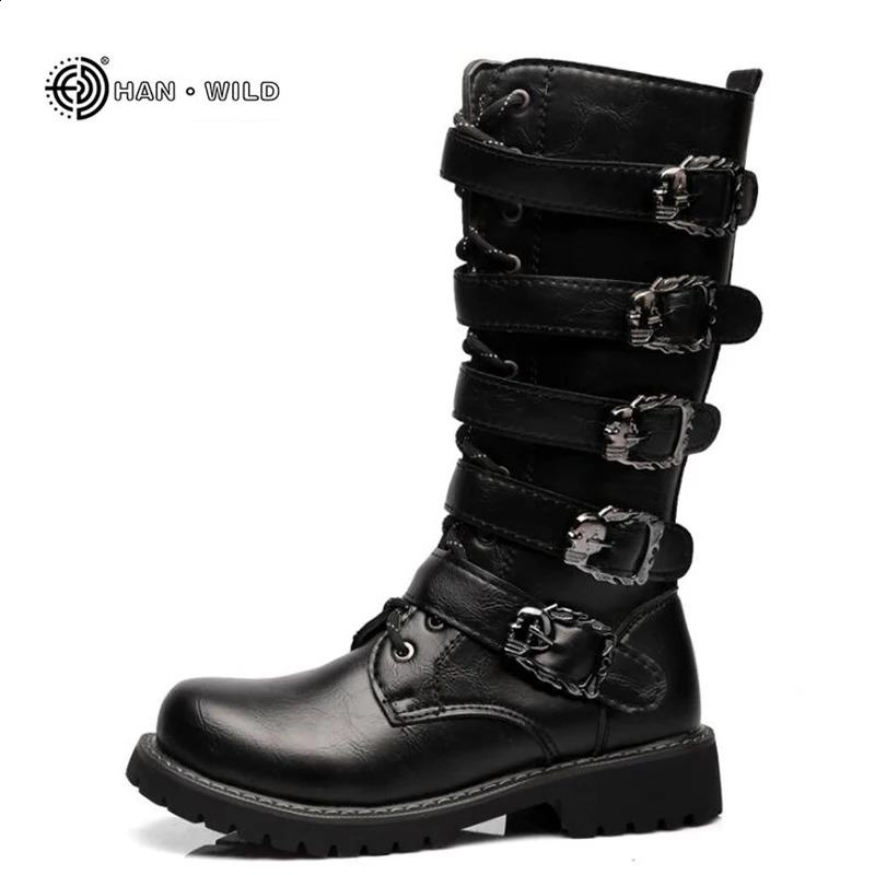 Winter Men Motorcycle Boots Fashion Mid-Calf Punk Rock Punk Shoes Mens PU Leather Black High top Casual Boot Man 260626