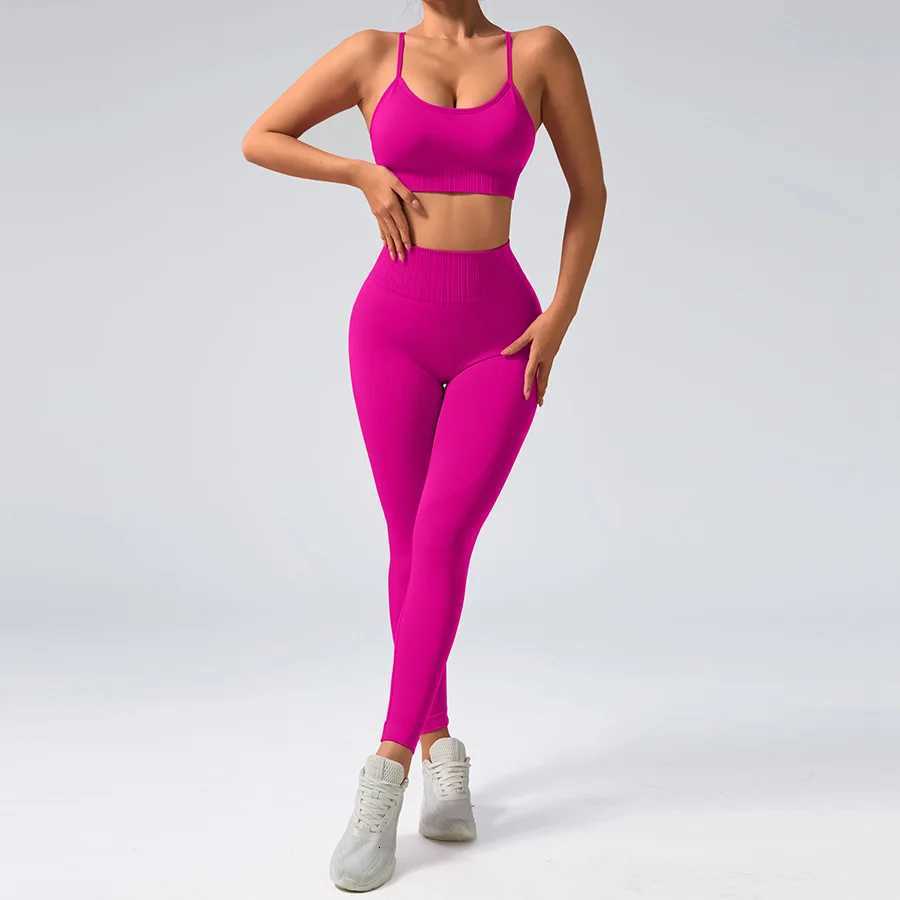 Pants 2 pcs/set Seamless Tight Set Rose Red Tank Top Outfit Womens Clothing Breathable Trousers Athleisure Fitness Pants M260626 - view 7