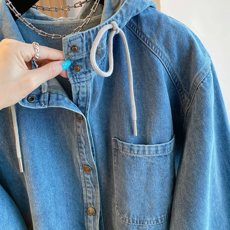 Matakawa Denim Shirtsblouses Women Tops Hooded Spring Autumn Solid Retro Blusas Mujer Korean Fashion Casual Camisas 260626 - view 6