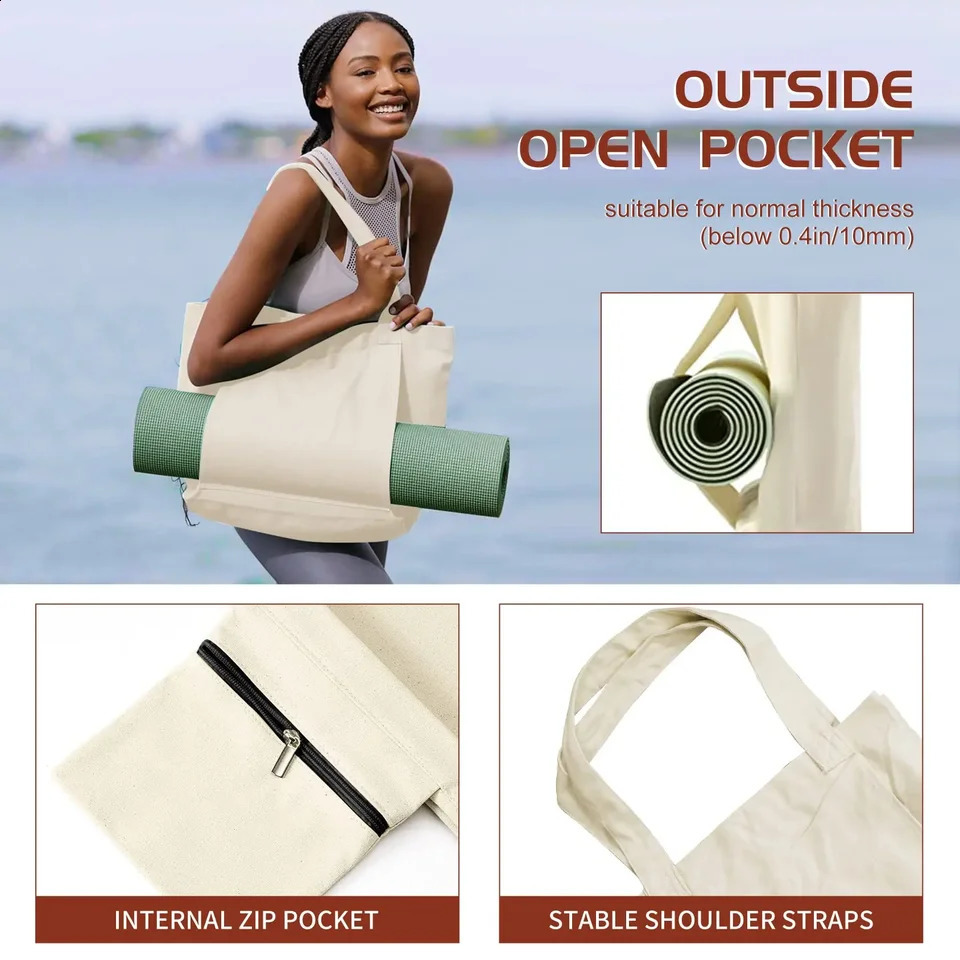 Canvas Tote Bag with Yoga Mat Pocket Carryall Shoulder Bag for Office Workout Pilates Travel Beach and Gym 260622CJ - view 6
