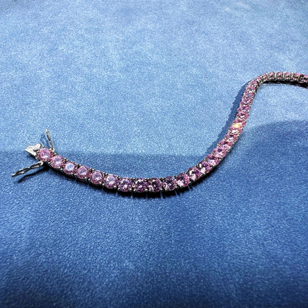 Wong Rain Solid 925 Sterling Silver 5MM Lab Pink Sapphire High Carbon Diamonds Gemstone Tennis Chain Bracelets Fine Jewelry 260626 - view 7