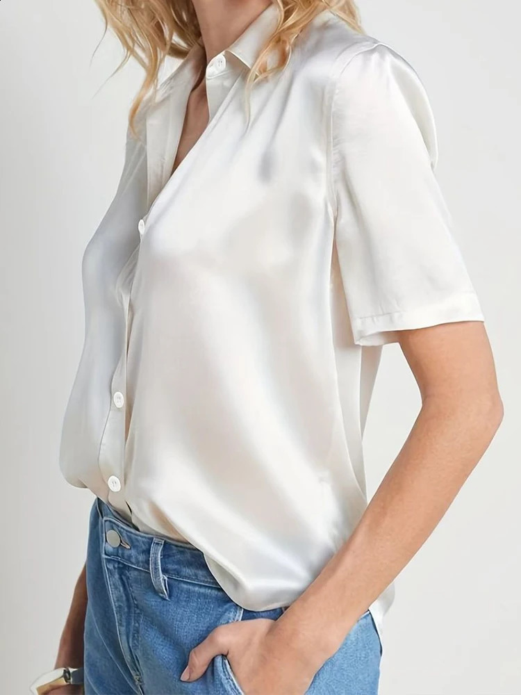 Zadily 2026 Summer Elegant Women Silk Satin Blouse Short Sleeve Button Down Collared Shirt Casual Office Lady White Tops 260626 - view 7