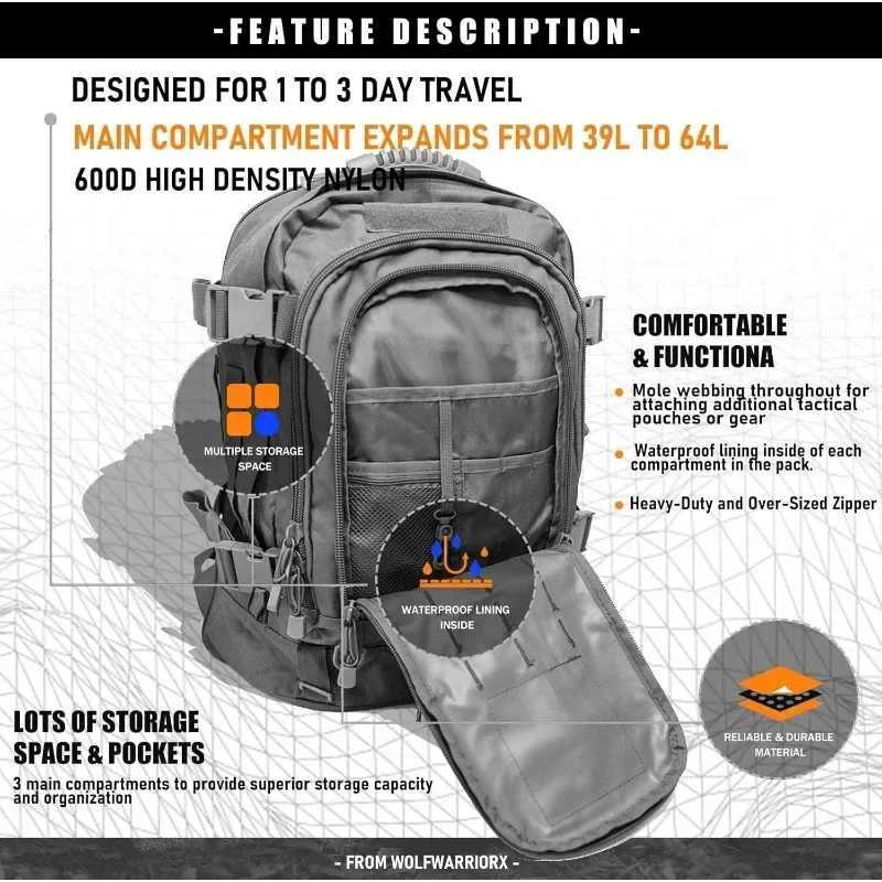 Tactical Backpack Military Hiking Miramrax Daypack - Molle Backpack for Men 3 Day Assault Pack Bug Out Bag for Camping Grey M260626 - view 4