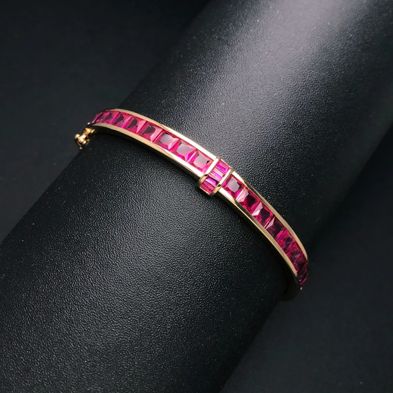 Elegant Ruby Bangle Created Red Corundum Gemstone Bracelet Yellow Gold for Women Lady Party Birthday Trendy Jewelry Gift 260626 - view 4