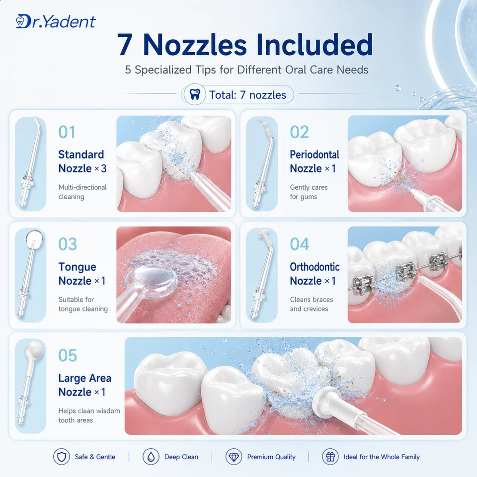 DrYadent YD06 Oral Irrigator Flosser 300ML Large Capacity for Road Trips 4 Modes with DIY Pressure 7 Varies Nozzle Water Jets 260626 - view 7