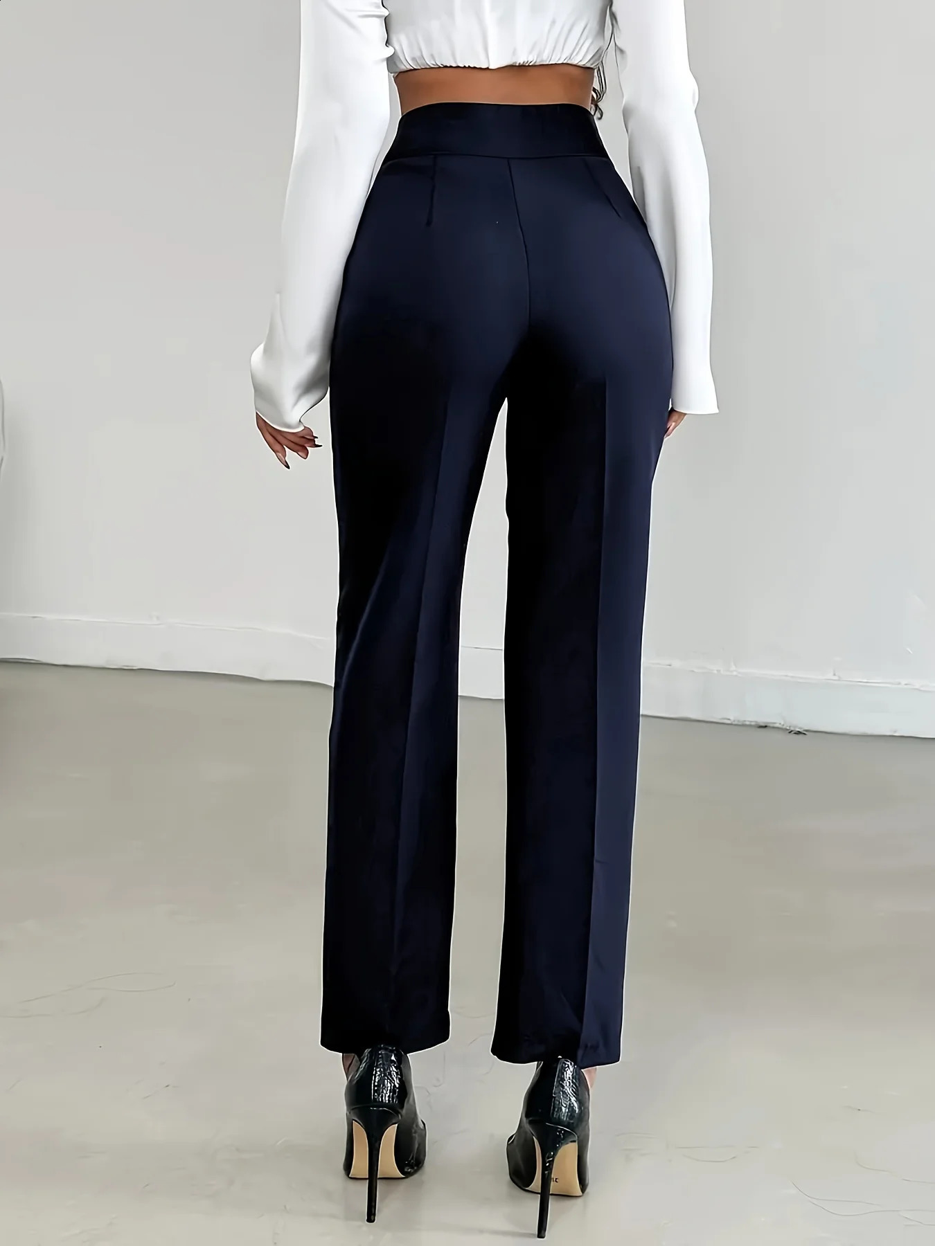 Navy Blue High Waist Trousers Tailored Straight Leg Office Pants with Button Closure Elegant Comfortable for Work Casual 260625 - view 4