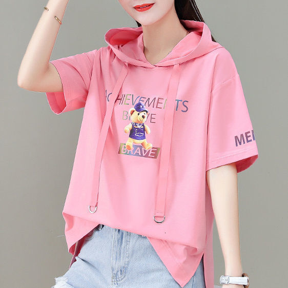 Women S Cotton Short Sleeve Summer Thin Fashion Cartoon Sweatshirt Loose Hooded T Shirt Half Sleeve Top - view 3