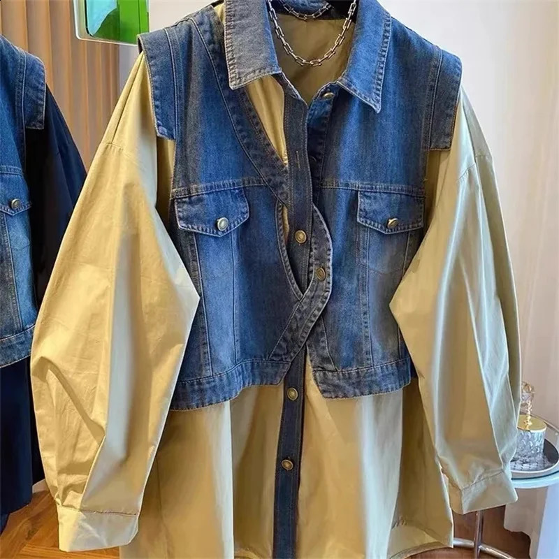 European Goods Fat MM Thin Belly Fake Two-Piece Shirt loose Tibetan Meat Autumn n Sense Denim Stitching Long-sleeved Shirt 260626