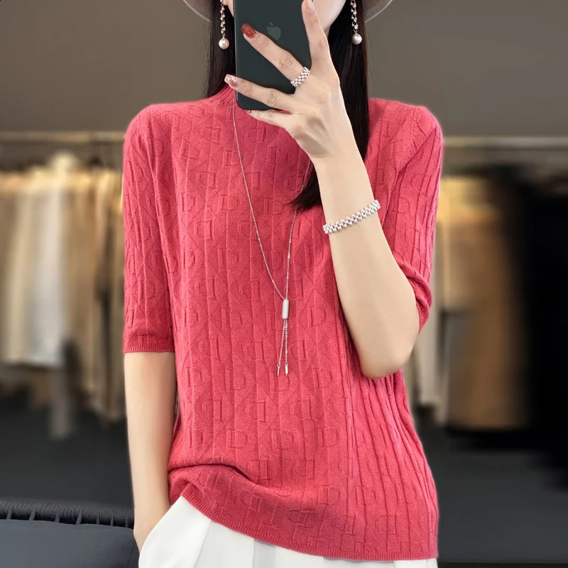 Women Soft Diamond Letter n Sweater Half-high Collar Three Quarter Sleeve Pullover Spring Summer Casual Knit Slim Top 260626 - view 4