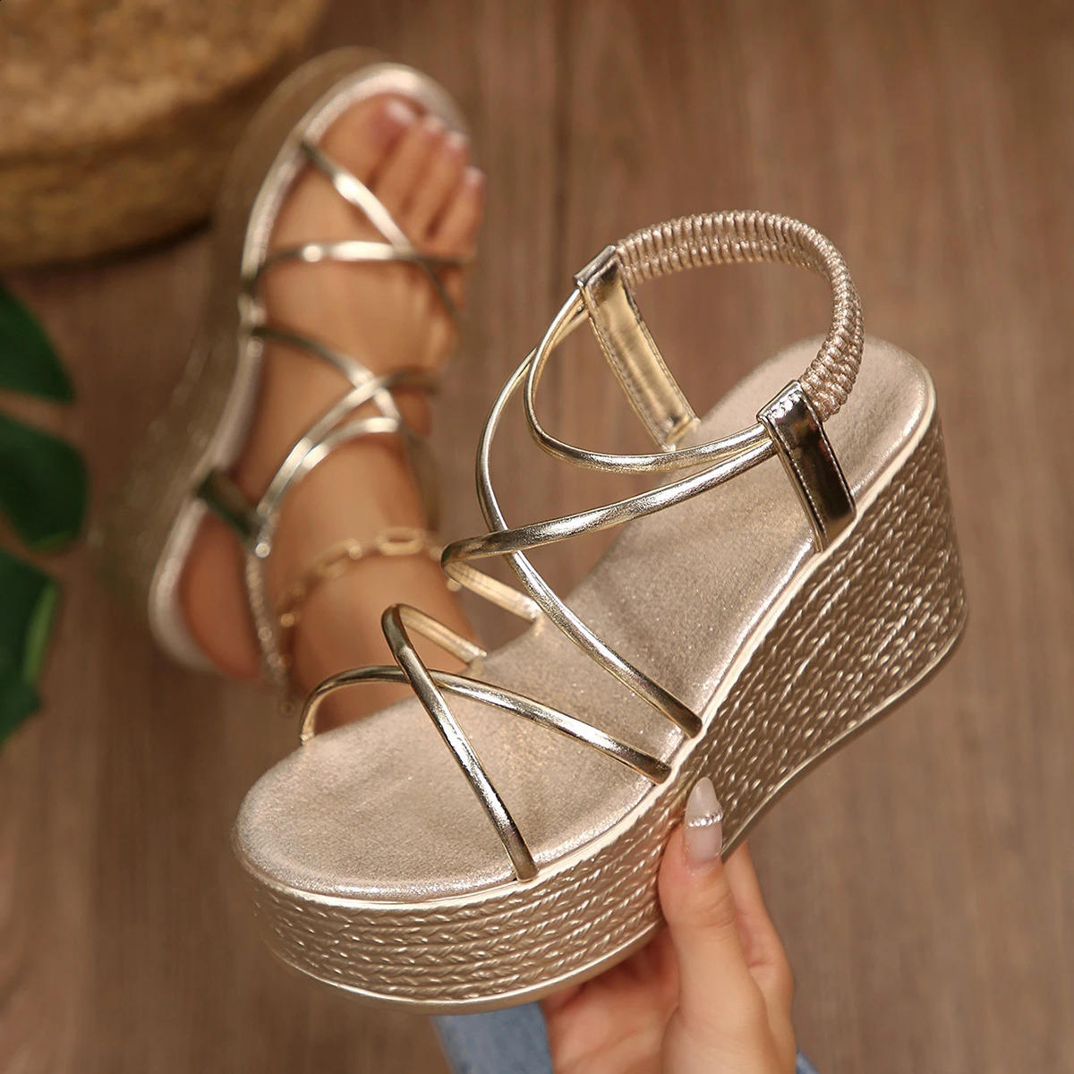Summer Women Wedge Sandals Casual Gold Metallic Cross Strap Elastic Ankle Platform Non Slip Sole Beach Vacation Shoes 260626