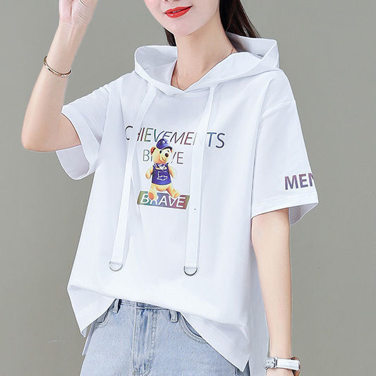 Women S Cotton Short Sleeve Summer Thin Fashion Cartoon Sweatshirt Loose Hooded T Shirt Half Sleeve Top - view 4