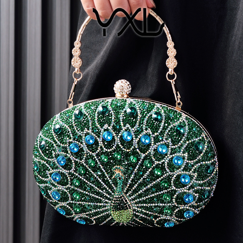 New Peacock Diamond-Studded Evening Cross-Border European and American Retro Style Party Black High-End Dress Bag Factory Direct Sale GLAMOR