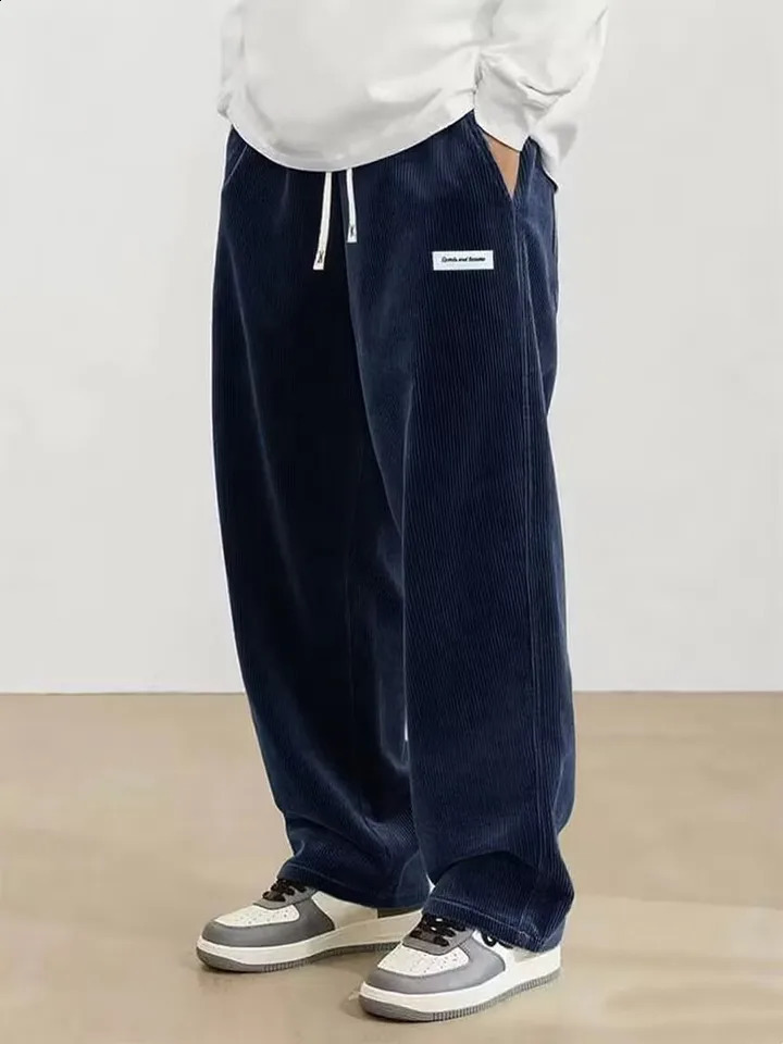 Autumn Mens Corduroy Casual Pants Fashion Loose Fit Pants Straight Sweatpants Elastic Waist Drawstring Outdoor Streetwear 260626 - view 3