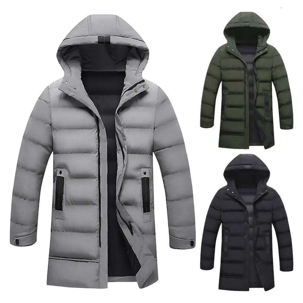 Zippered Men's Hooded Cotton Down Jacket with Long Sleeves Pockets Solid Color Thickened Casual Outwear for Winter W260626 - view 4