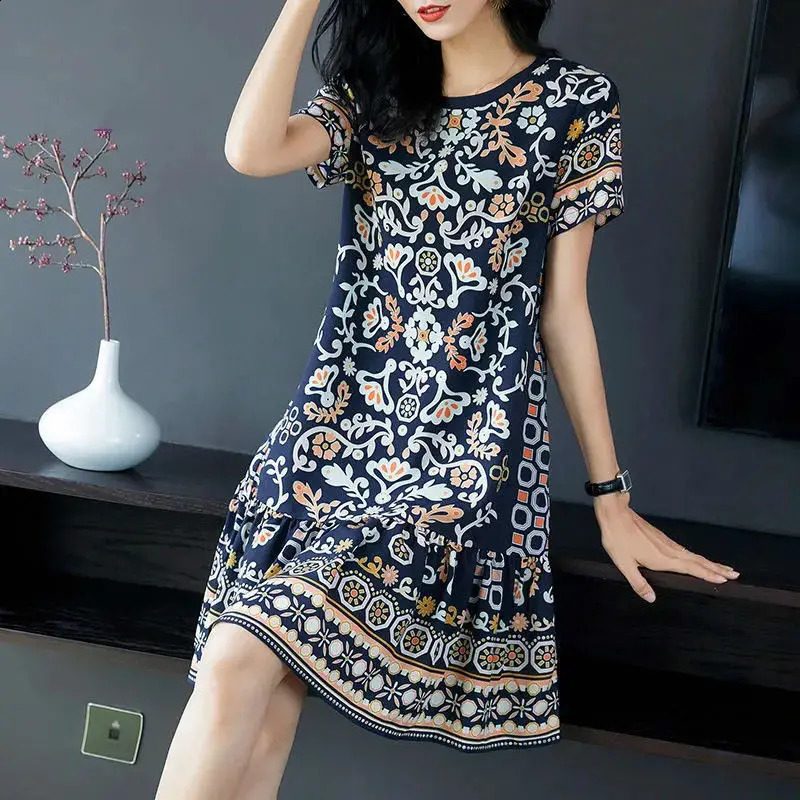 Plus Size Womens Summer Elegant Casual Round Neck Short Sleeve Dress Loose ALine Printed Office Lady Fashion 260625