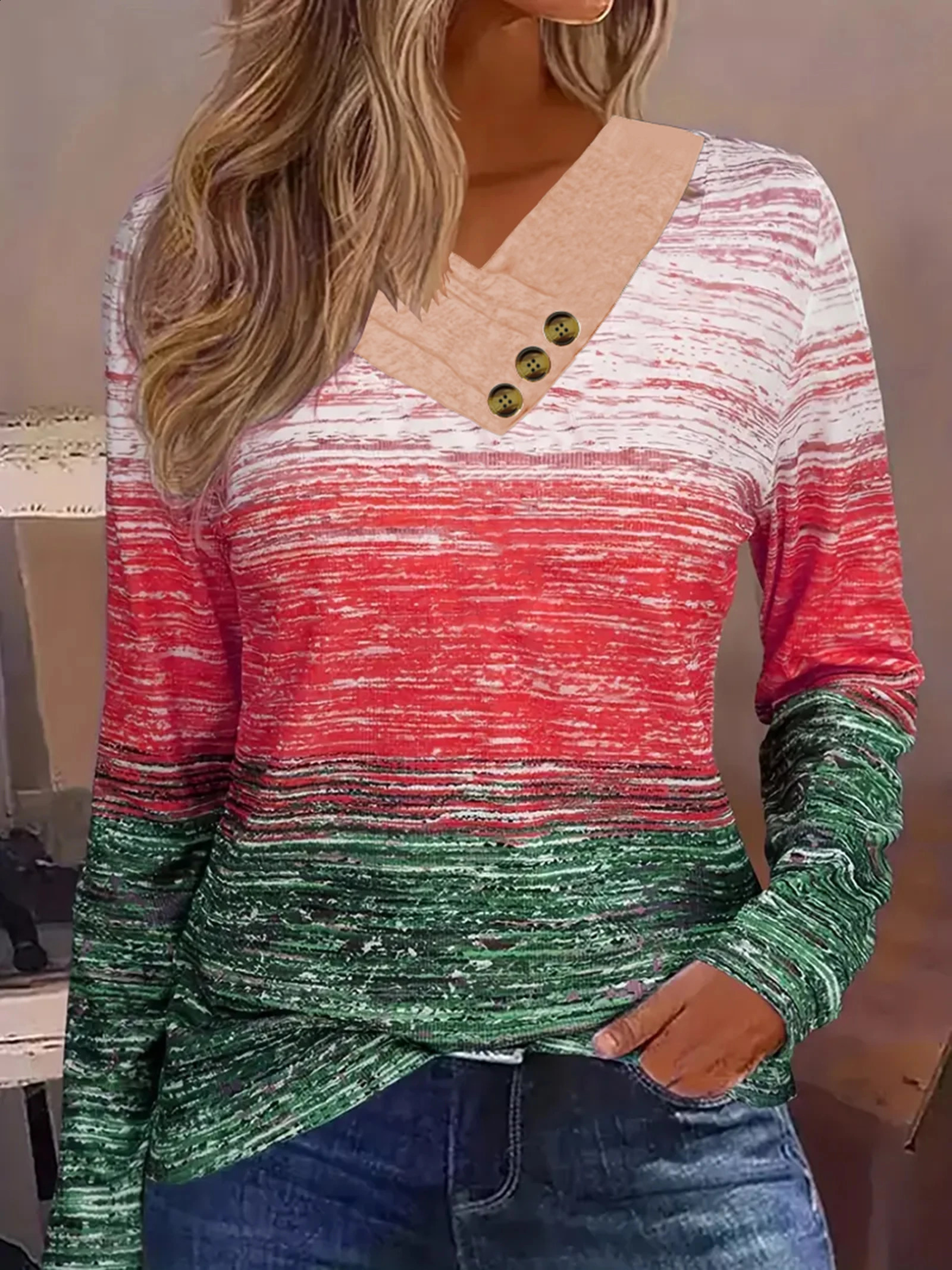 Autumn thin fashion plaid print V-neck button plus size womens long sleeve t-shirt 260626 - view 7
