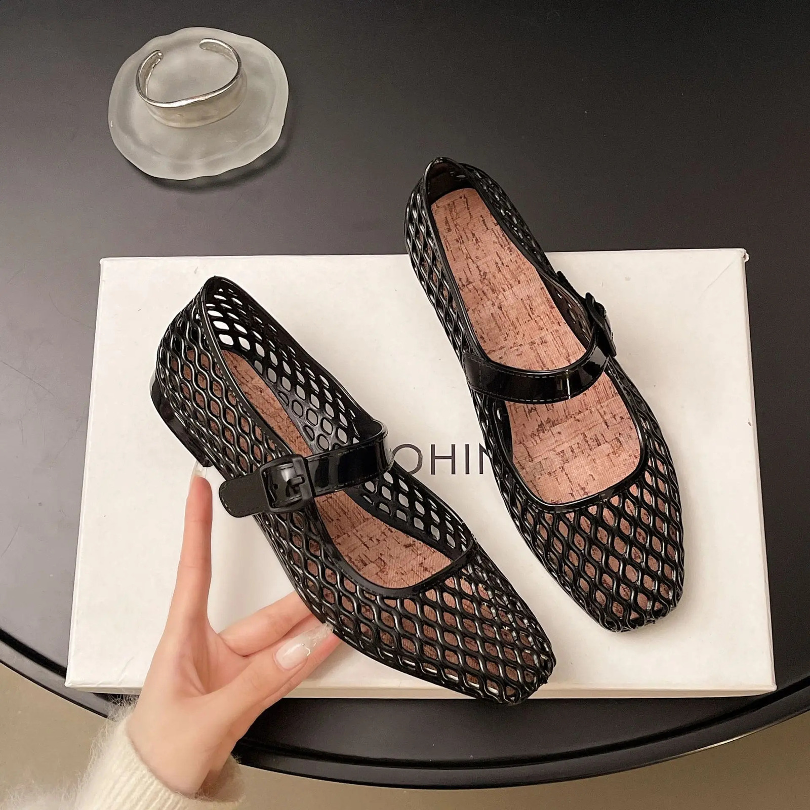 French hollow sandals for womens summer fashion with a single buckle and breathable flat bottom crystal sole 260626 - view 4