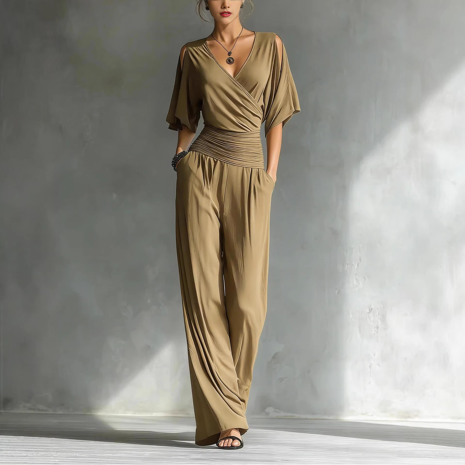 Cross-border independent website European and American 2026 summer new Amazon fashion elegant off-shoulder V-neck slim-fit jumpsuit for women WONST