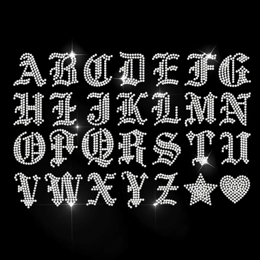 26 Gothic Alphabets Rhinestone Iron on fix Transfer Letters Bling Heat Transfer Decal Star Heart Iron on Transfers Rhinestone 260623