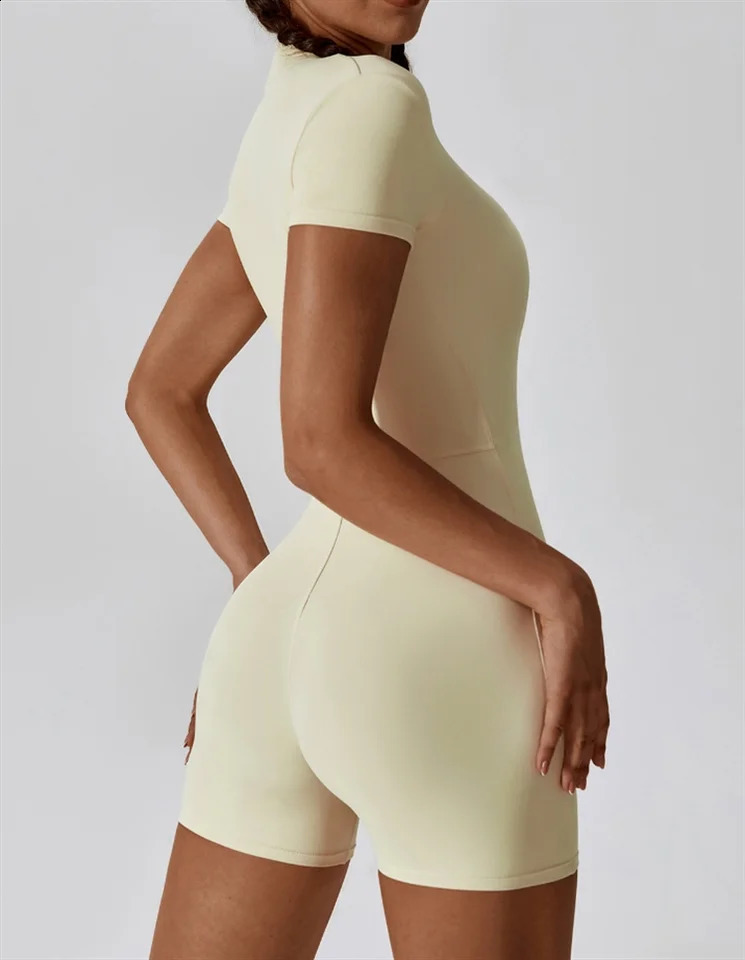 European and American nude one-piece yoga suit with stand up collar half zipper short sleeved fitness jumpsuit tight fitting 260626 - view 7