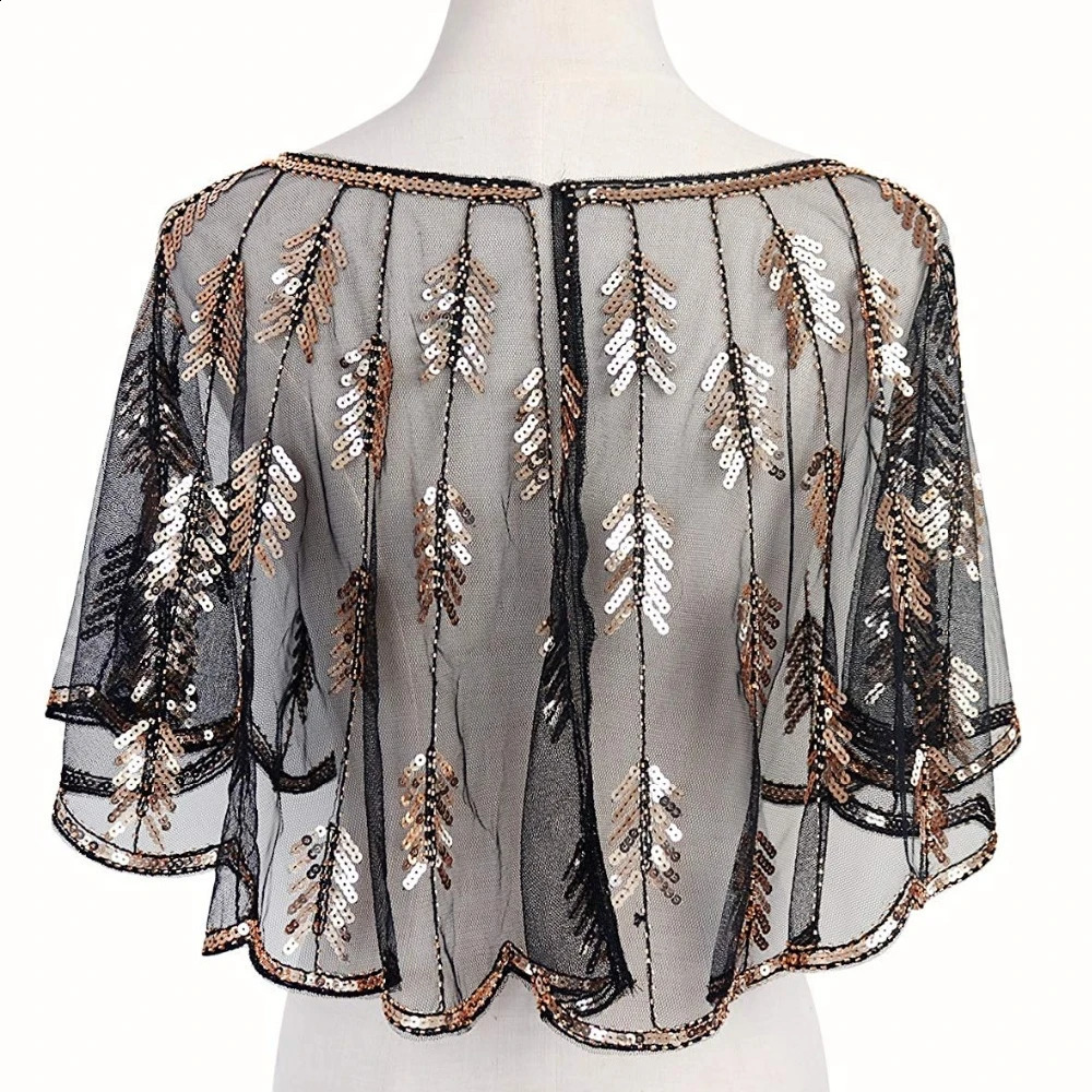 Retro 1920s Beaded Sequin Shawl Vintage Flapper Evening Cape Sheer Mesh Embroidery Leaf Women Bolero Party Accessories 260625 - view 7