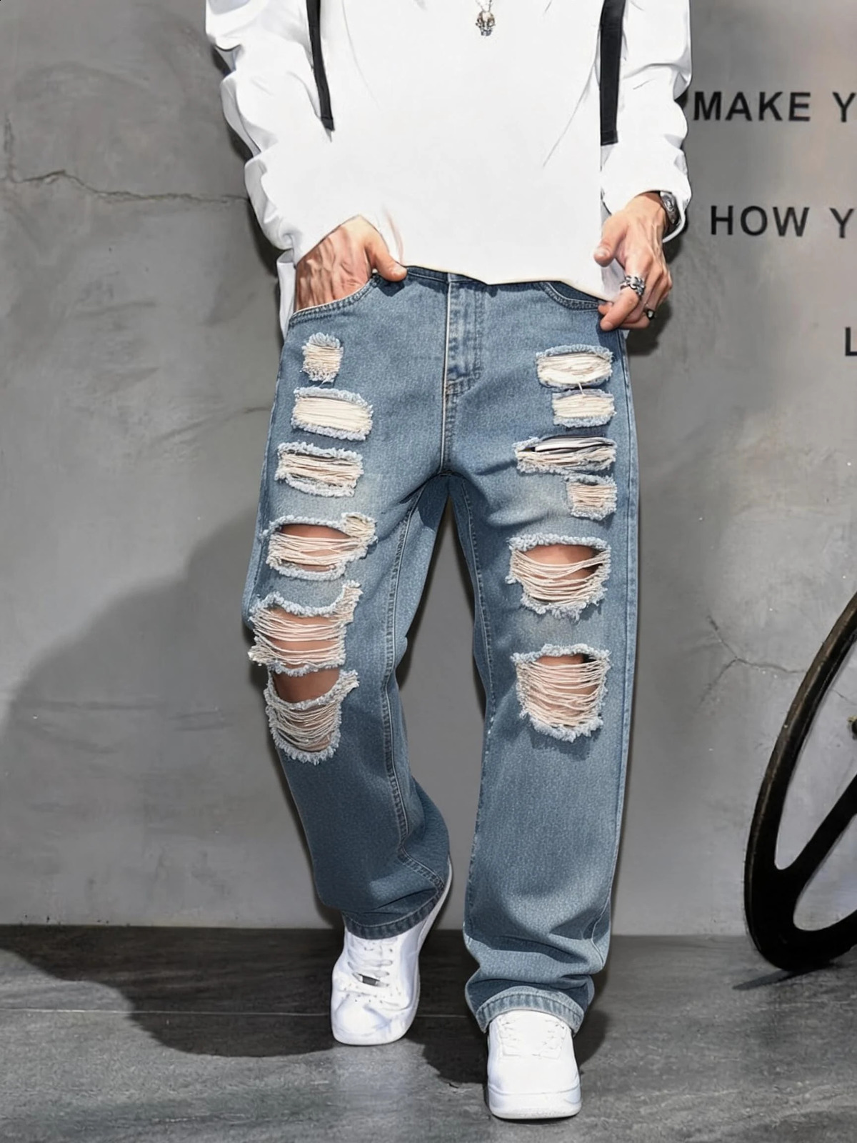 Mens Ripped Denim Long Pants Loose Straight Fit AllSeason Versatile Wear Hip Hop Y2K High Street Vintage Trendy Style 260625