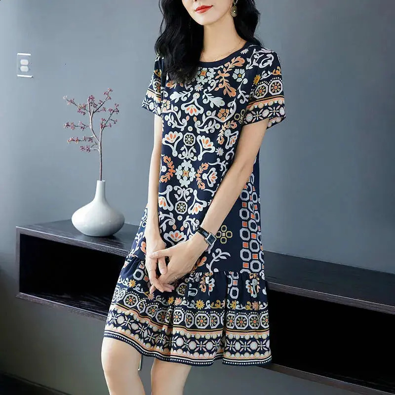 Plus Size Womens Summer Elegant Casual Round Neck Short Sleeve Dress Loose ALine Printed Office Lady Fashion 260625 - view 3