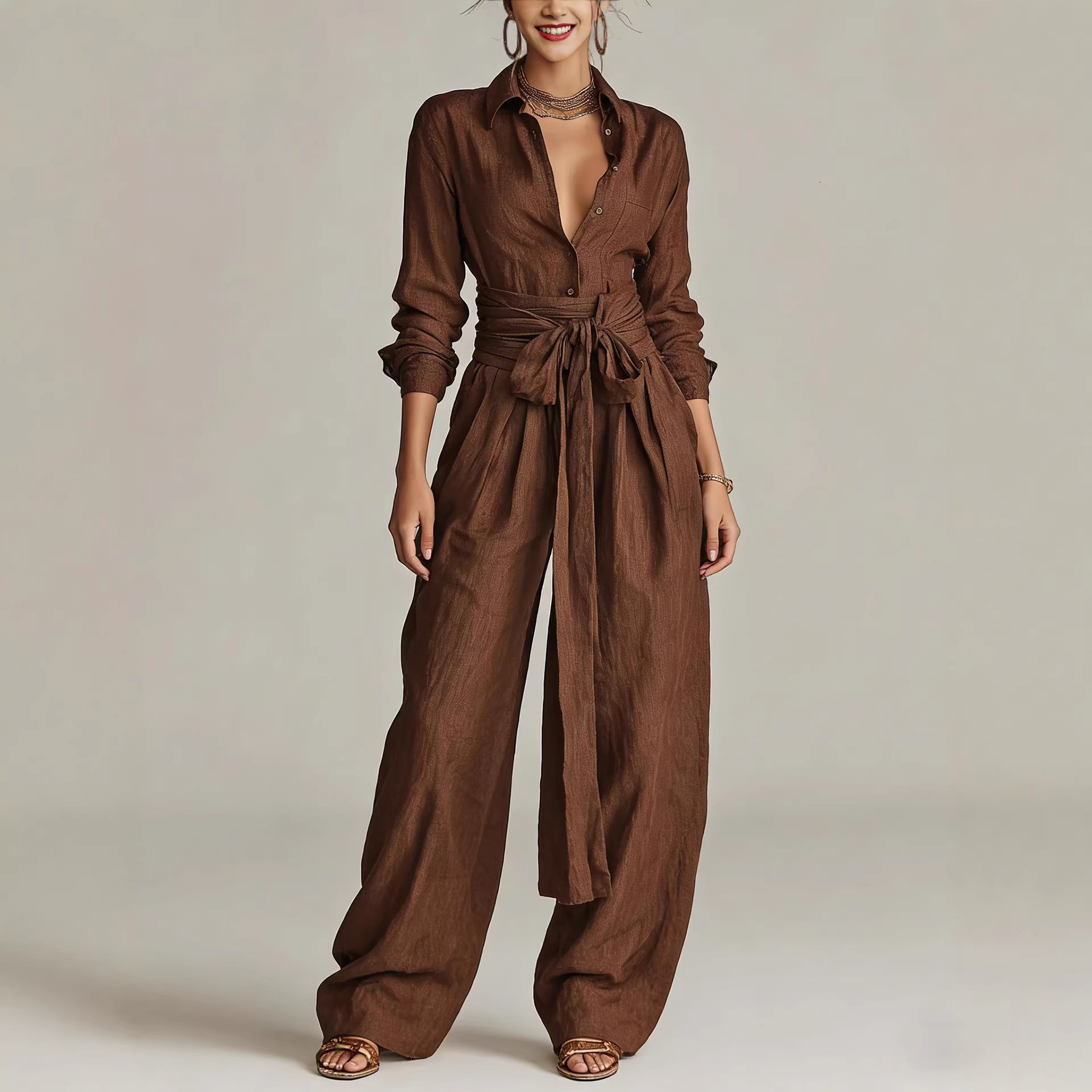 Cross-border independent station Amazon 2026 Spring Solid Color Lapel Top Fashion Casual High-Waisted Long Pants Two-Piece Set WONST