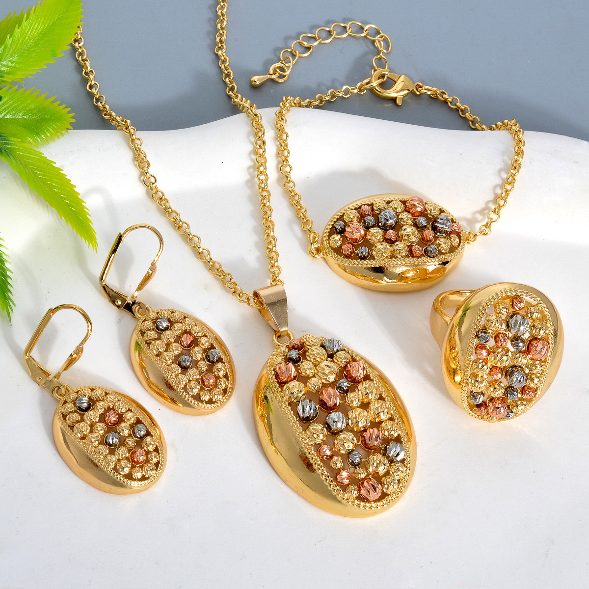 Necklace Bracelet Jewelry New Product: Oval Hollow Electroplated Steel Bead Necklace Bracelet Earrings Ring Niche Design Set - view 4