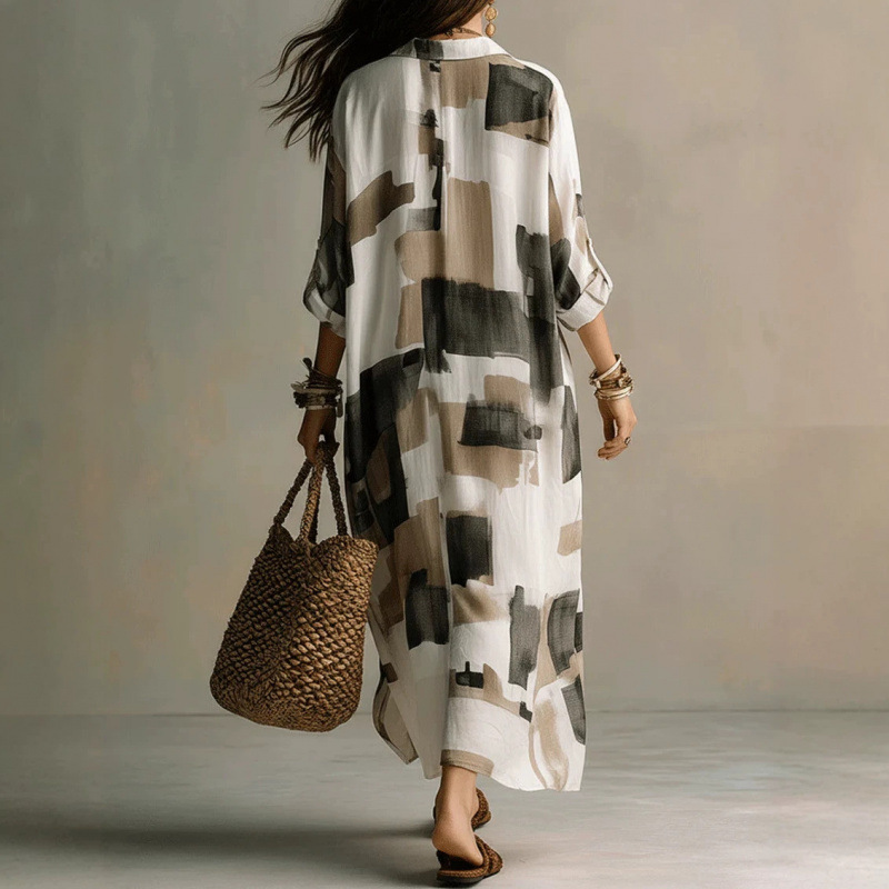 Preppy Printed Sundress for Women, Floor-Length Geometric Tie-Dye Shirt Dress with Lantern Sleeves, Sailor Collar, Natural Waist, Side Split, Polyeste - view 3