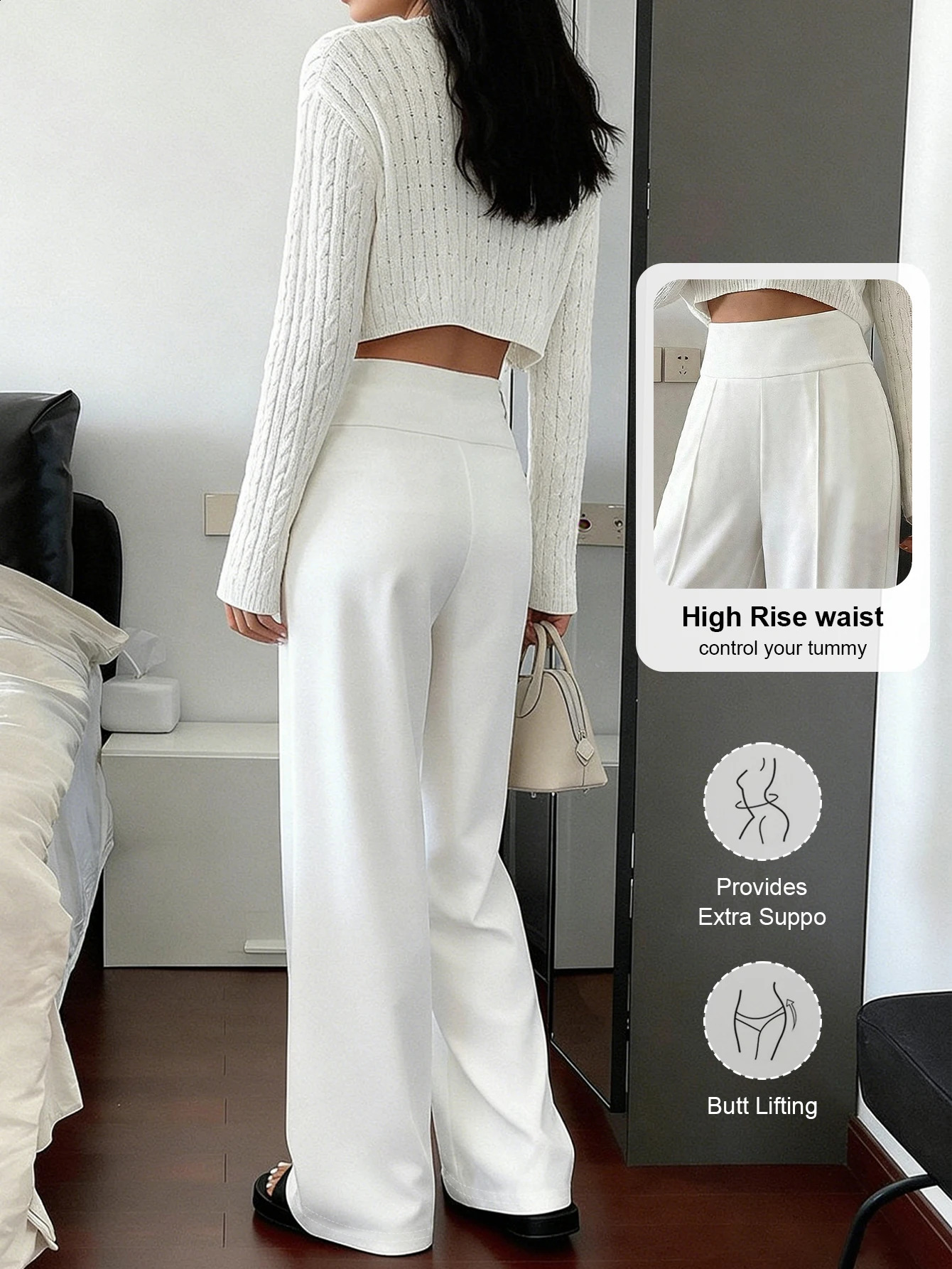 Women Loose Straight Leg Pants Minimalist White Casual Long Slimming Cargo With Stripe n Standard Size Suitable 260625 - view 4