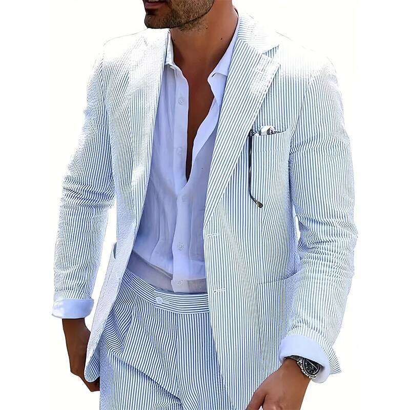 Men's Striped Seersucker Suit Jacket Summer Lightweight Casual Blazer Wedding Business Event Formal Occasions 26L0626 - view 3