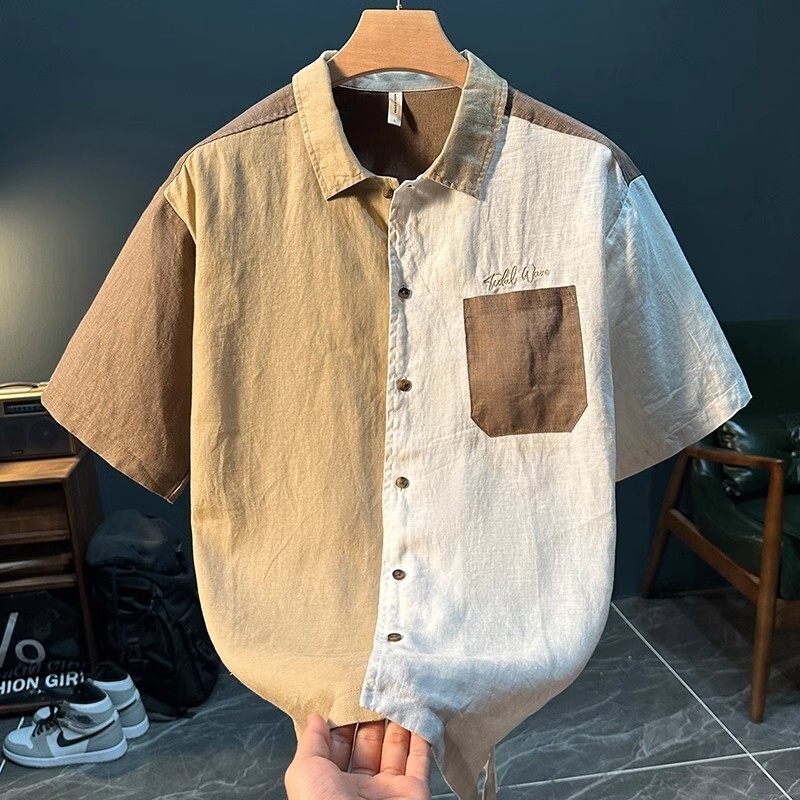 Two-Tone Linen Shirt, New Men's Summer Loose Casual Patchwork Top, Japanese-Style Thin Trendy Short-Sleeve Shirt