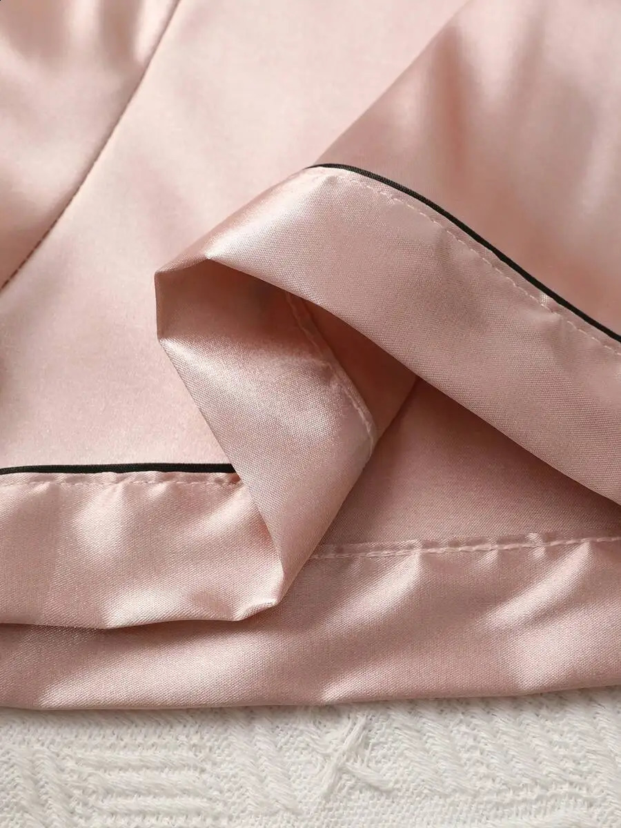 Elegant Women Champagne Solid Silk Pajama Set Short Sleeve Button Collar Top And Pants Soft Satin Sleepwear 260625 - view 6