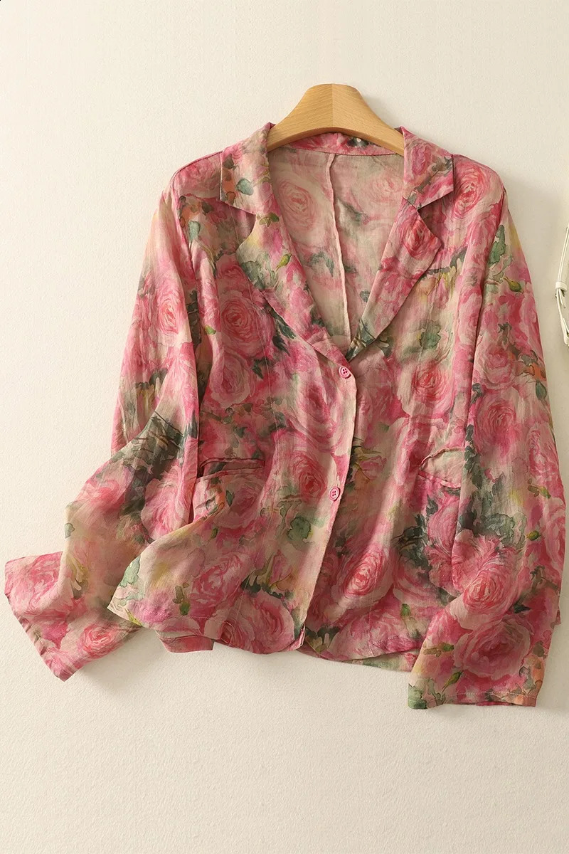Summer Vintage Fashion Printing Cotton Linen Women Blazer Thin Cool Long Sleeves Loose Casaul Jacket 260625 - view 7
