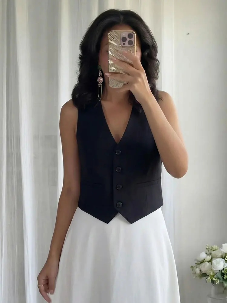 HH Women Fashion Solid Suit Vest Sleeveless Cropped Waistcoat Tops Vests Spring Summer Casual Office Lady Chic 260626 - view 3